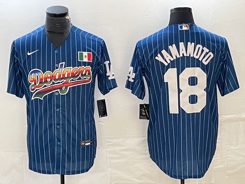 Men Los Angeles Dodgers 18 Yamamoto Blue stripe Nike Game MLB Jersey style 1